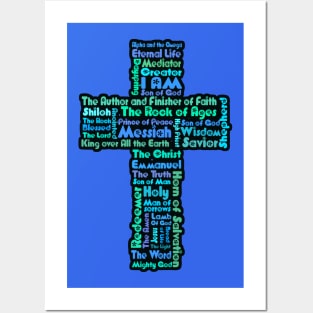 Funky Blue and Green Retro Style Names of Jesus Cross Posters and Art